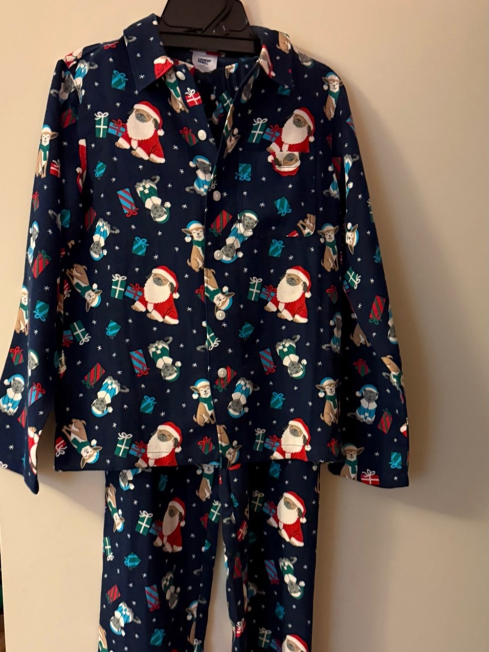 Lands' End Navy Santa Pups & Gift Print Kids Pajama Set size 12